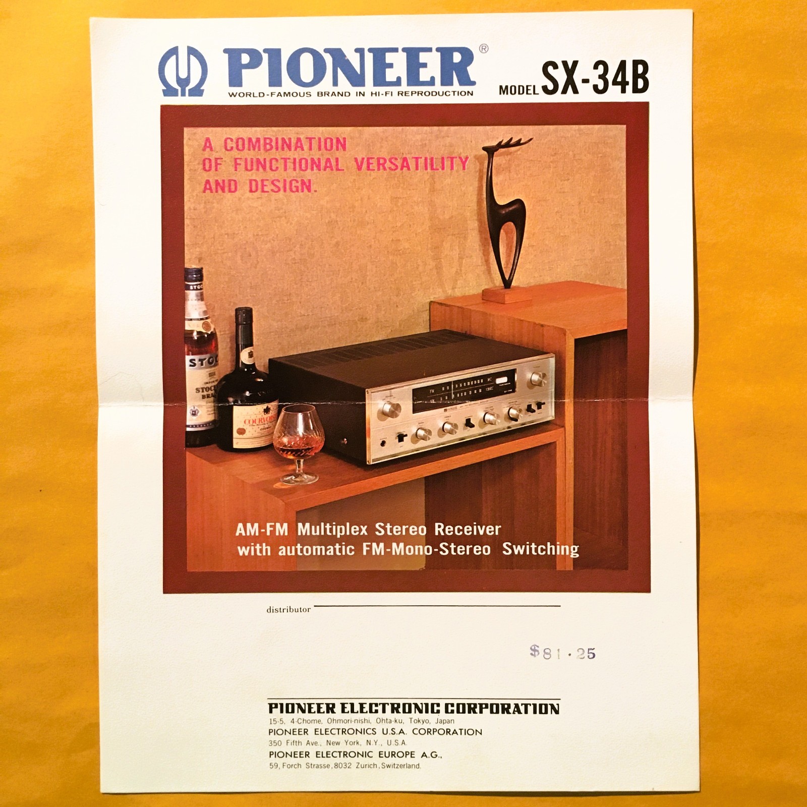 Original Pioneer SX-34B Stereo Receiver Sales Brochure - Genuine Rare Pioneer