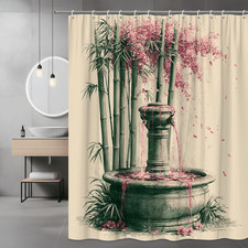 Bamboo Fountain Floral Shower Curtain Pink Green Japanese Garden