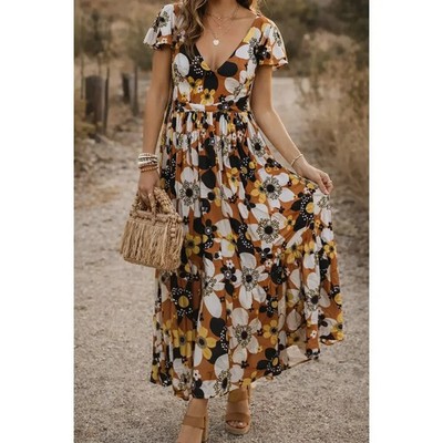 Dodo Bar Or Jenny Midi Dress Brown Flower 7 Floral Print Plunge V-Neck Size S