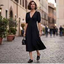 Boden Black V-Neck Puff Sleeve Jersey Knit Midi Dress US 8P Modest Minimalist