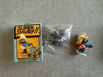 Vintage Smurf Figure Super Smurf Smurfette Shopping Cart W/ Box, Schleich, 1981