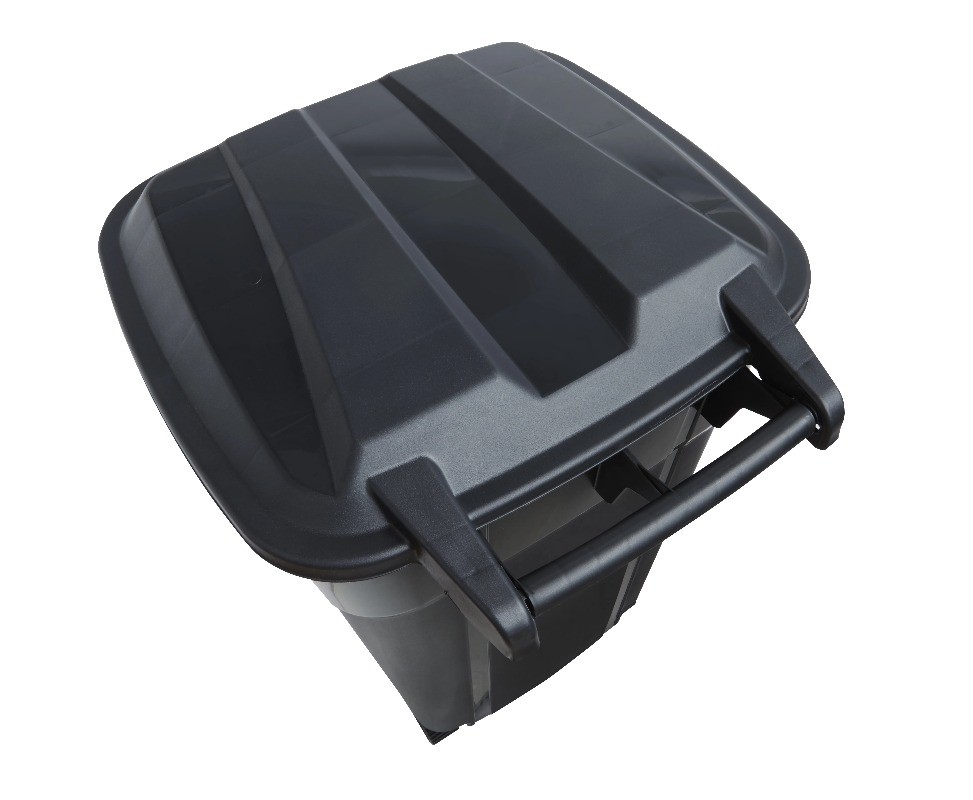 Heavy Duty 32 Gal Wheeled Plastic Garbage Can, Attached Lid, Black, 2 Pack