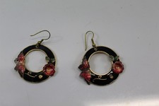 Earrings Gold-tone with Enameled Floral Butterfly Design Dangle Style Vintage