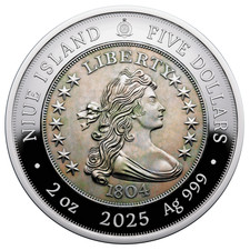Niue $5 2025 Silver 999. 2oz Ø50mm Proof / Antique 1804 Draped bust silver Do