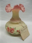 Vintage Fenton Burmese Uranium Glass Ruffled Vase Hand Painted Signed Art