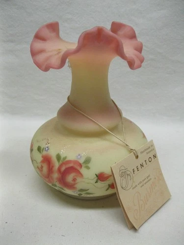 Vintage Fenton Burmese Uranium Glass Ruffled Vase Hand Painted Signed Art