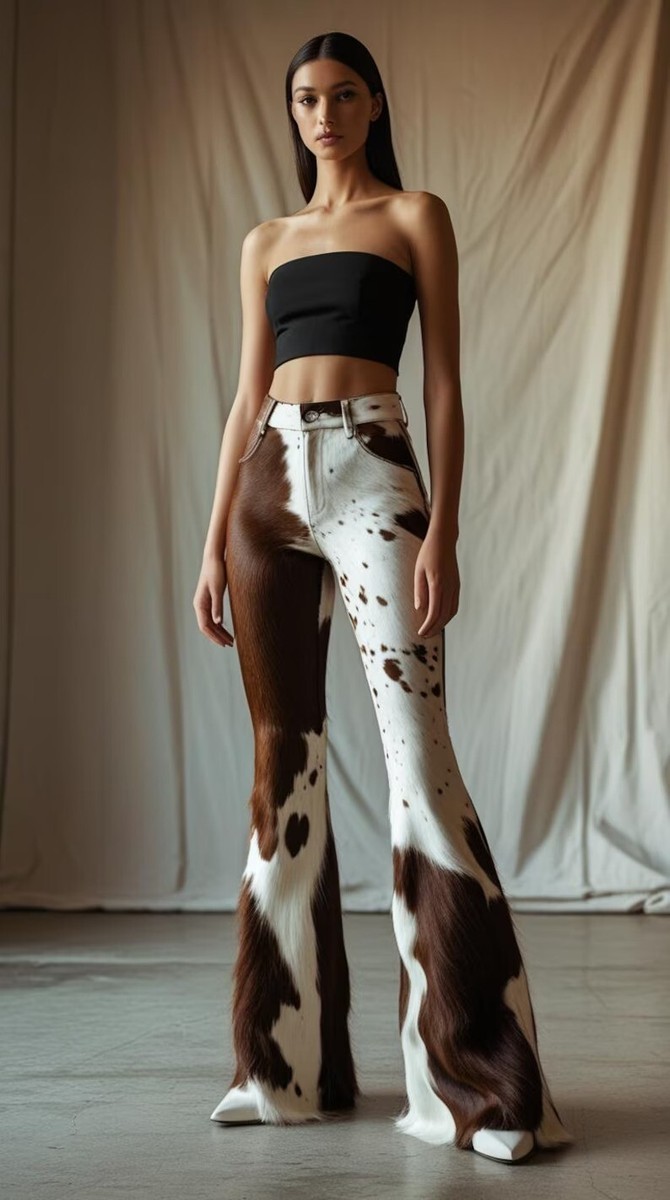 Handmade Genuine Cowhide Leather Pants – Brown White Flared