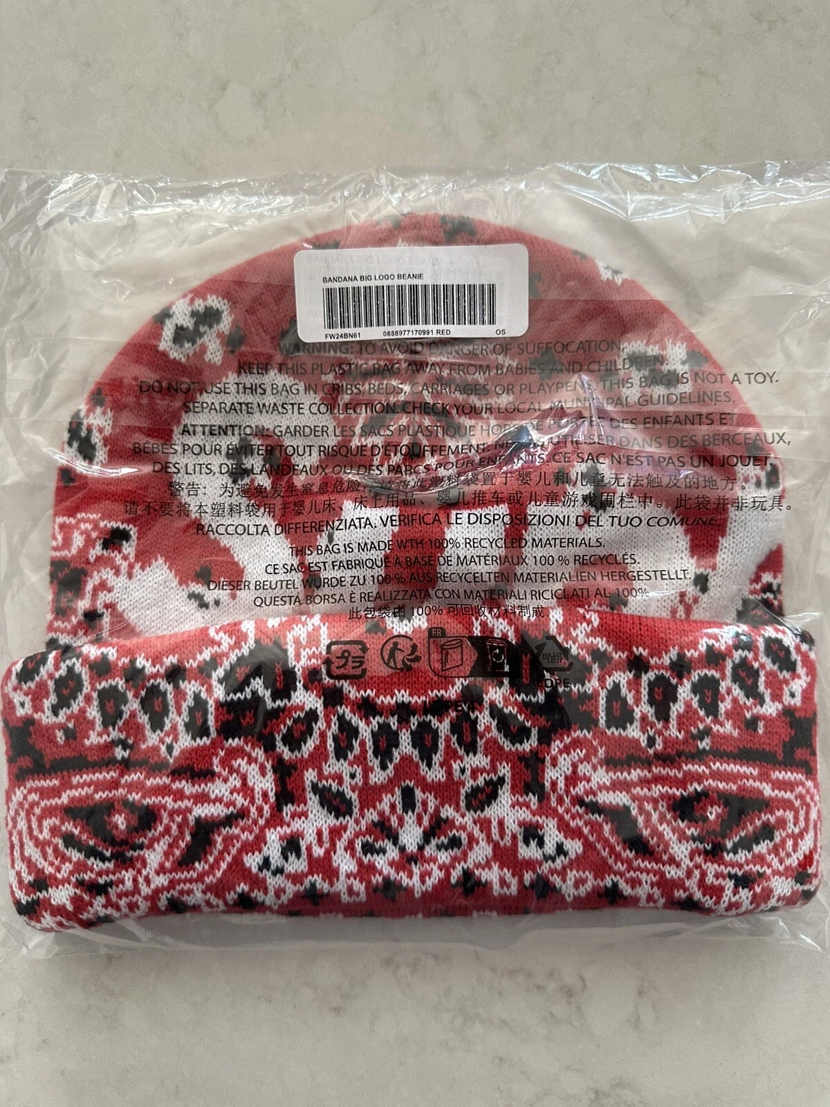 Supreme FW24 grand logo acrylique bonnet cachemire rouge bandana taille unique neuf EN MAIN