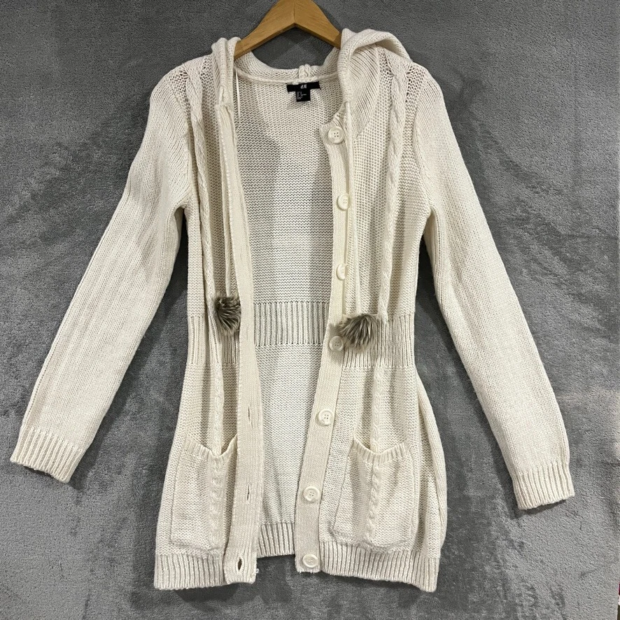 Cárdigan H&M Marfil Con Capucha Tejido con Cable Botón Cordón Piel Pompón Coqueta Talla S Foto 2 de 4