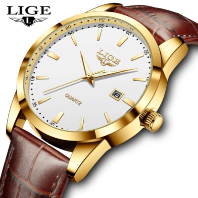 LIGE Men Watch Leather Strap Quartz Analog Date Luminous Waterproof Wristwatch