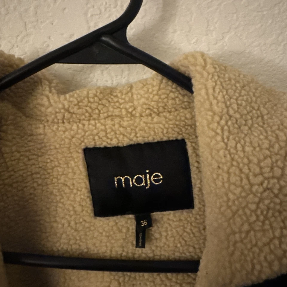 MAJE Abrigo trasero acampanado ribete cuero negro totalmente forrado FR36 S Foto 3 de 4