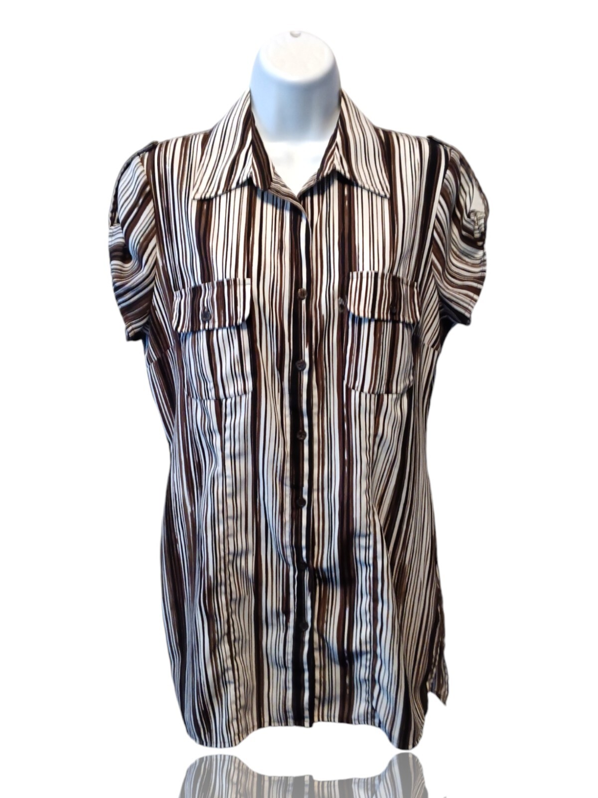 Fred David Striped Short Sleeve Button Front Blouse with Roll Tab