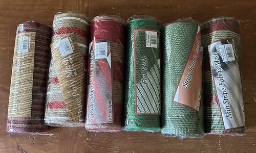 Lot of 6 Rolls of Deco Poly Mesh 10" x 10 yds - Red, Green,and Burlap