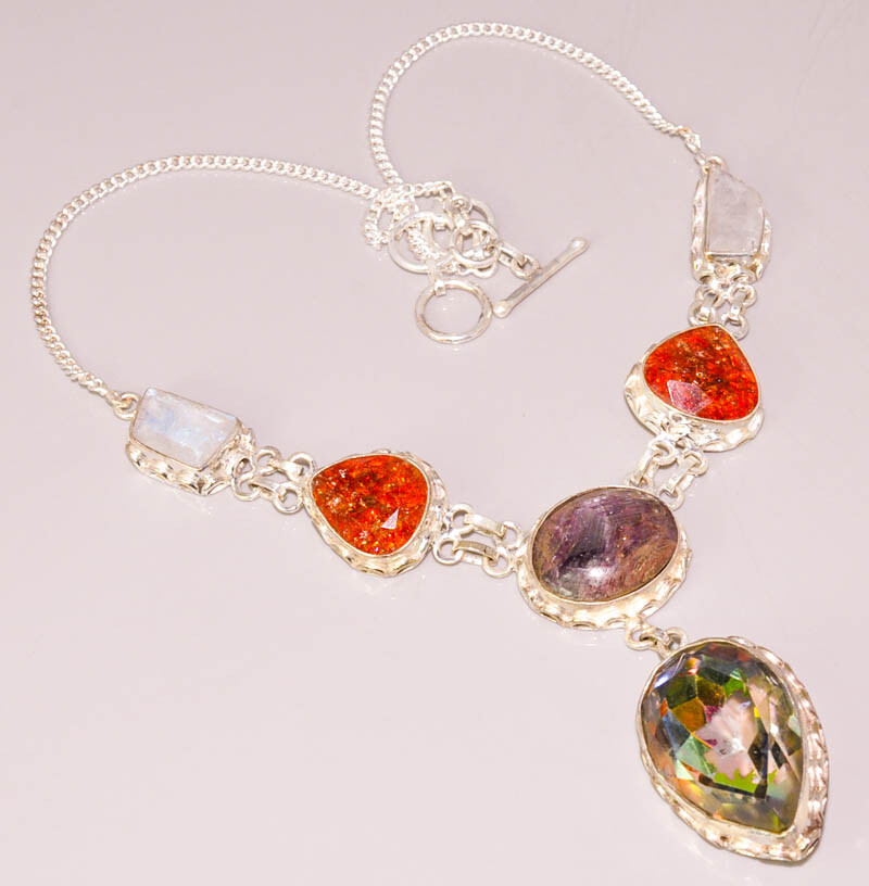 Rainbow Moonstone Mystic Topaz Quartz Sterling Silver Plated Necklace