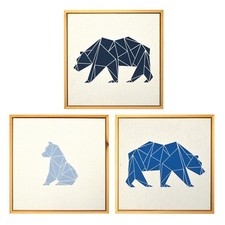 Framed Canvas Wall Art Blue Bears Modern Geometric Design Pine wood frame NEW
