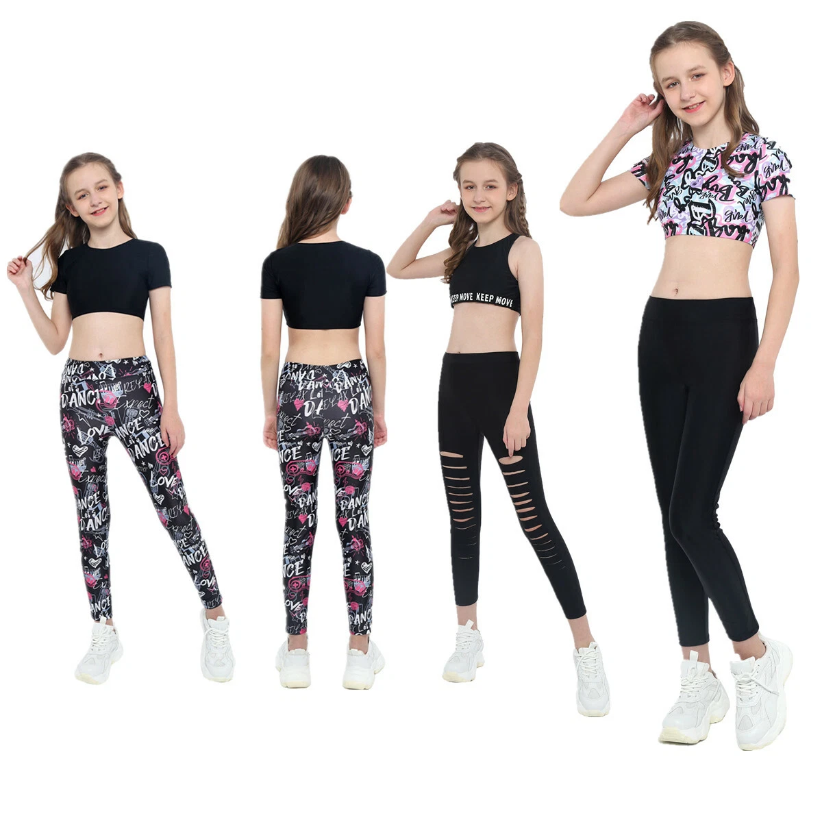 Kid Girls Gymnastics Yoga Suits Racer Back Open Back Crop Top High Waists  Pants