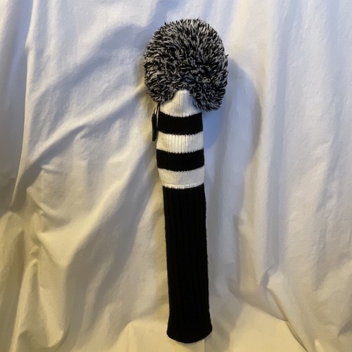 Black and White Golf Headcover Knit Pom Pom Sock Head Cover 1 Tag 20 Inches Tall - Picture 3 of 14