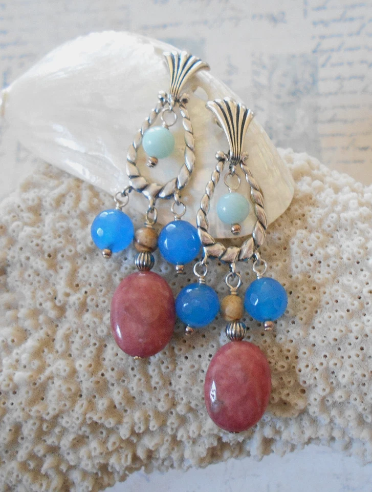 Brincos lustre de ágata rodonita pollack esterlina Carolyn E39-42 - Imagem 3 de 4