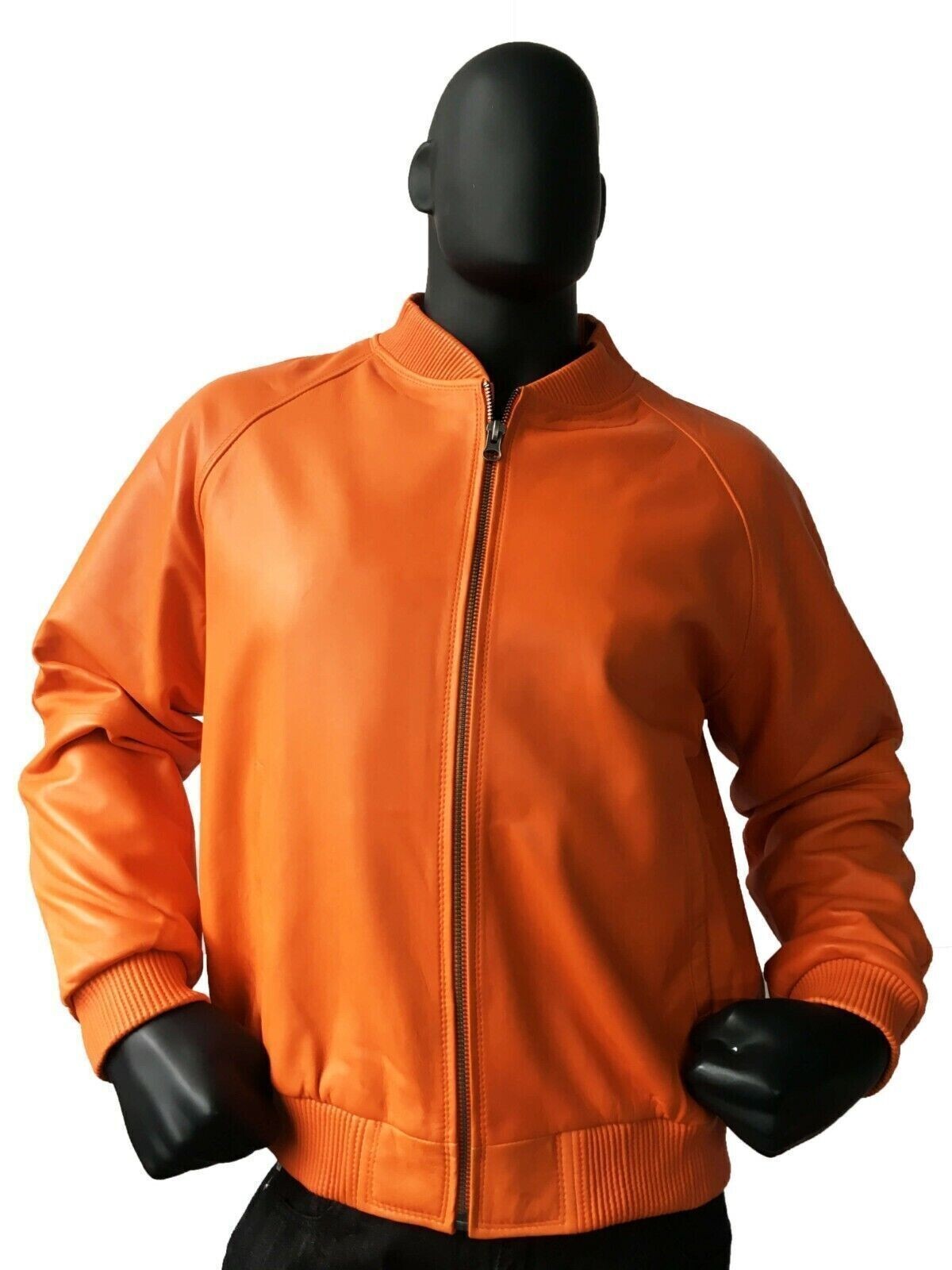 Men's Orange Lambskin Bomber Jacket – 100% Real Leather Handmade Biker Design