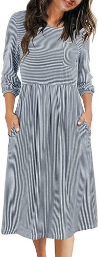 MEROKEETY Women's Balloon Sleeve Striped High Waist T Shirt Midi Dress w Pockets