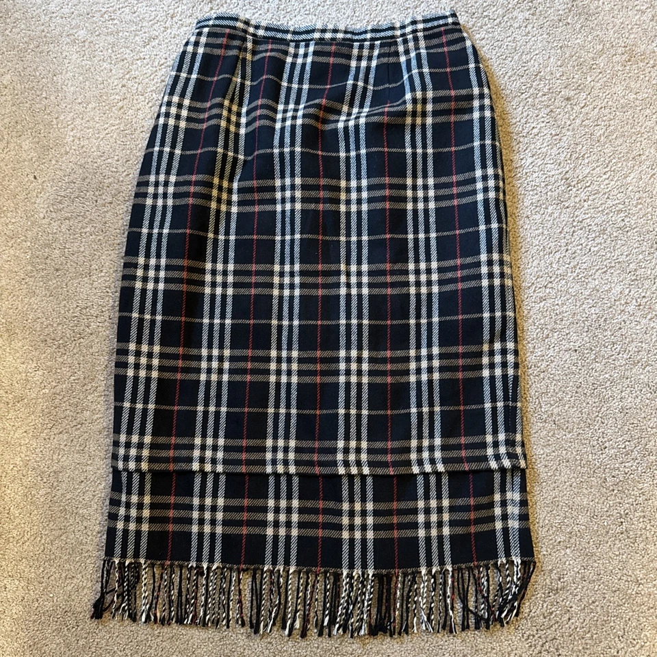 Briggs New York 复古羊毛混纺黑色棕褐色红色格子流苏毯超长半身裙 16W — 第 2/4 张图片