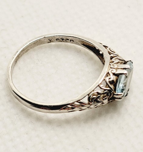 Anillo artesanal vintage de topacio azul de plata de ley 925 talla 6,5 banda de desplazamiento recortada - Imagen 7 de 10