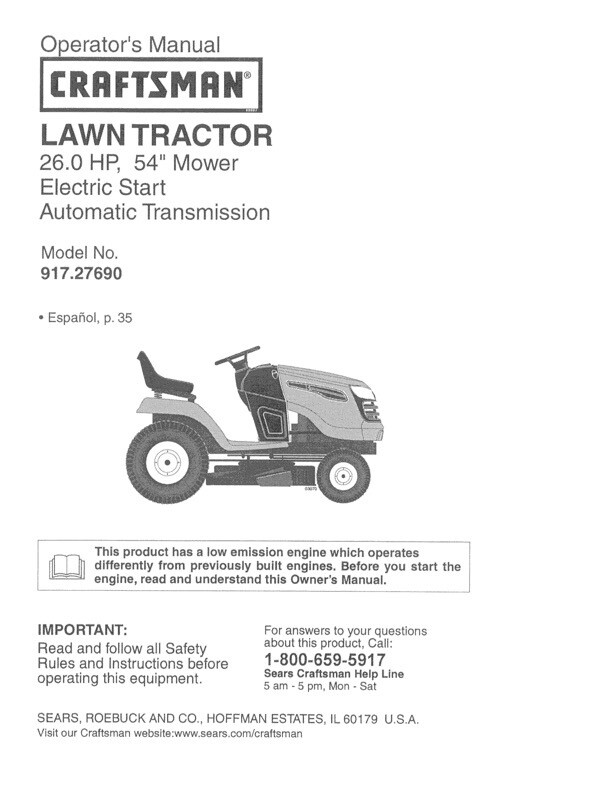 Owner's Manual Sears Craftsman HP Lawn Tractor 54” Mower