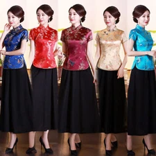 Women Summer Silk Satin Shirt Chinese Traditional Blouse Dragon Embroidery Tops
