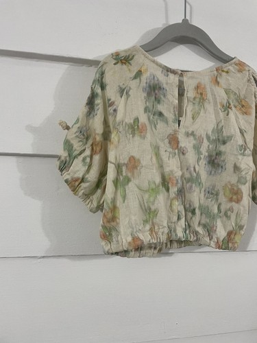 ZARA BEIGE LINEN BLEND CUT OUT TIED FLORAL TOP SIZE 8 YEARS CM 122 Y365 *READ* - Picture 10 of 11