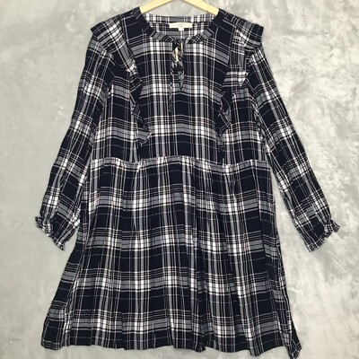 LOFT Plus Dress Womens 18 Navy Blue Pink Plaid Long Sleeve Keyhole Neck NEW  | eBay