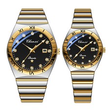 Couples Stainless Steel CZ Luminous Dial 3 ATM Waterproof Date Dress Wrist Watch