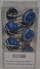 Coastal Blue Sea Shell 12 Resin Shower Curtain Hooks Ocean Beach Nautical NEW