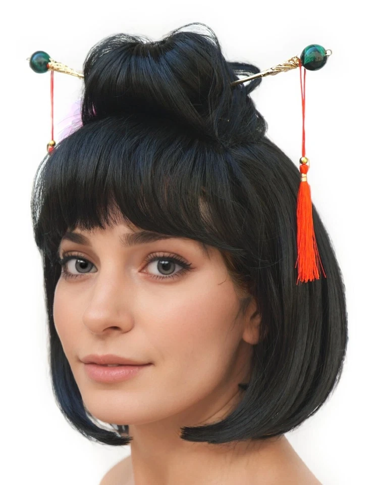 Geisha Glamour Black Wig Adult Short Bob Bangs Topknot Bun Japanese Asian China - Image 3 of 4