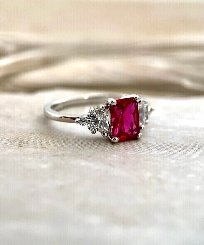 2Ct Emerald Cut Pink Ruby Simulated Engagement Ring in 14K White Gold Plated
