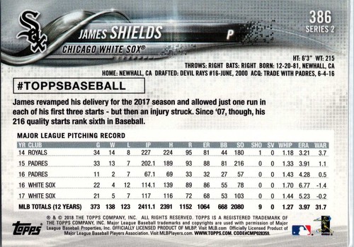 James Shields #WS-13 2018 Topps Chicago White Sox - Picture 2 of 2