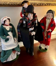 Dept 56 Christmas Carol Doll Set-Scrooge, Bob & Mrs Cratchit w/ Tiny Tim.