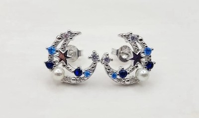 Reines 925 Sterling Silber bunte blaue Mond & Stern Ohrstecker, 0,47''L