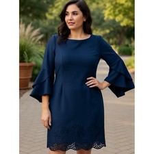 Vince Camuto Ruffle Bell Sleeve Navy Cocktail Party Cut Out Hem Dress Size 8