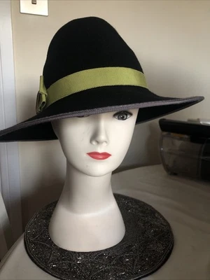 Giovannio New York Wool Felt Black Olive Ribbon Fedora Hat - Nwot Ladies Size L - Imagen 1 de 4