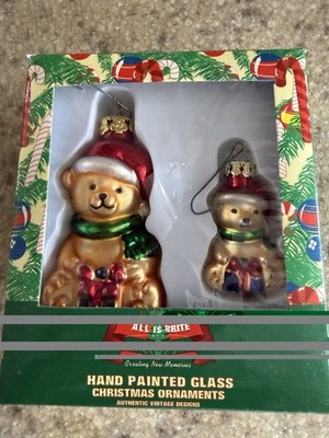 Vintage All Is Brite Hand Painted Teddy Bear Christmas Ornaments
