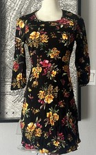 ZARA Black Floral Fit & Flare Mini Dress XS 3/4 Sleeve Rayon Crepe~ NWOT
