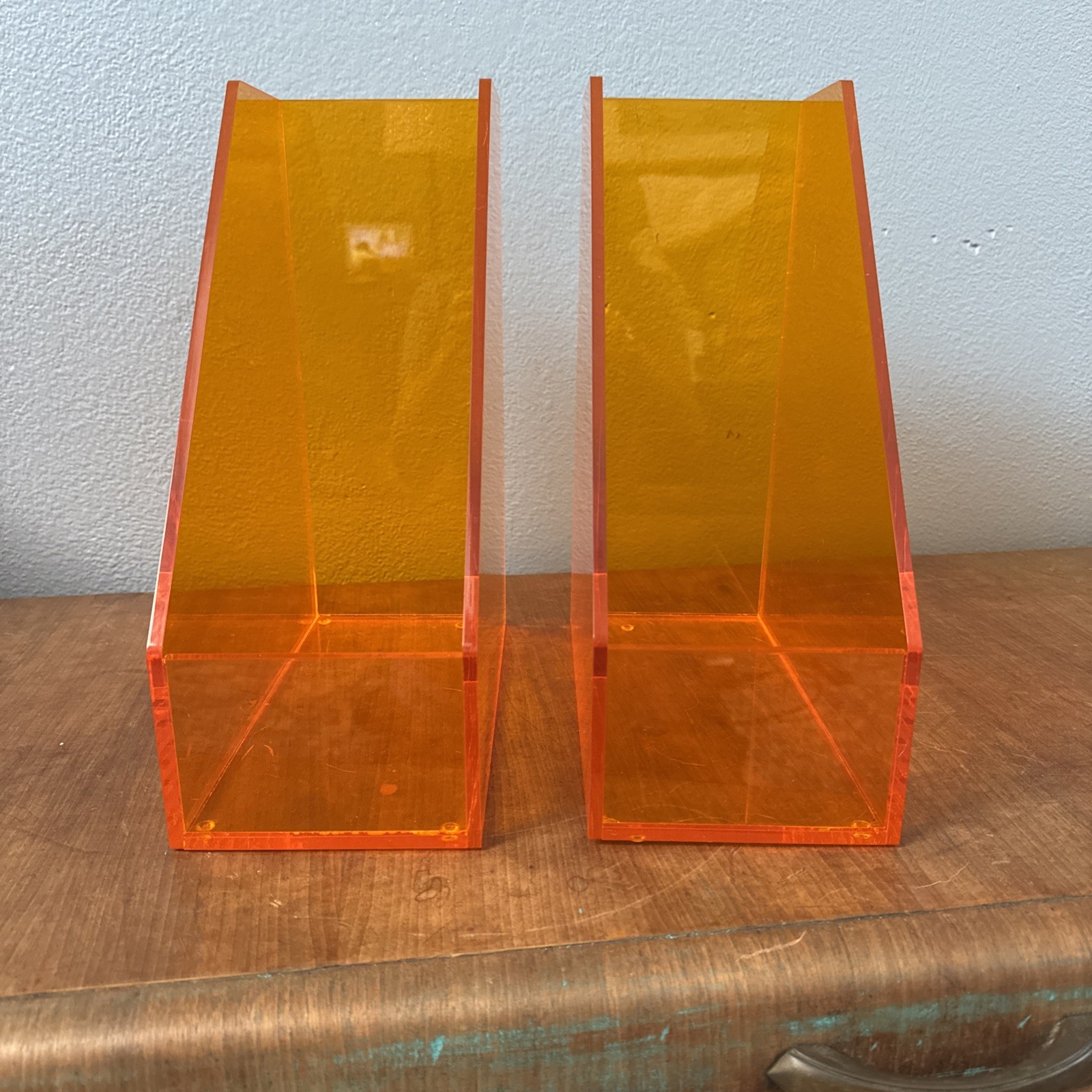 Vintage Orange Lucite Magazine File Holder Set of 2 Transparent Desk Organizers  -image