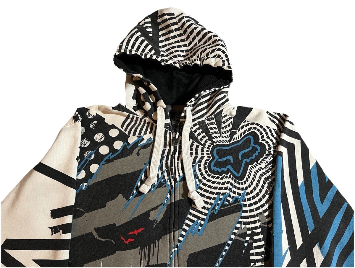 Vintage Y2K Fox Racing All Over Print Zip Up Hoodie Size Large