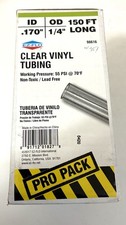 Clear Vinyl Tubing .170" ID 1/4" OD 150 Feet Non-Toxic EZ-FLO 98616 55 PSI @ 70F