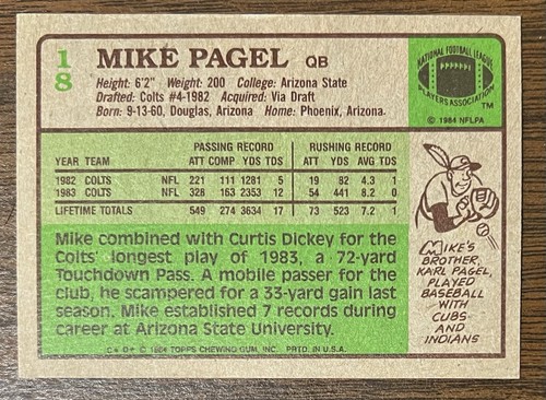 MIKE PAGEL AUTOGRAPHED 1984 TOPPS FOOTBALL CARD # 18 INDIANAPOLIS COLTS - Picture 5 of 5