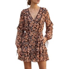 Edith Ruffle Mini Dress Fashion Nova Brown Floral Long Sleeve V-Neck Size M NEW