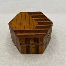 Vintage Wooden Inlay Marquetry Trinket Box Hexagon 1.5 X 2 X 2.5" SMALL Pill