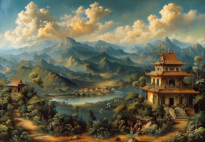 8x10 Art Print House Lake Landscape Mountain Painting - 31396766