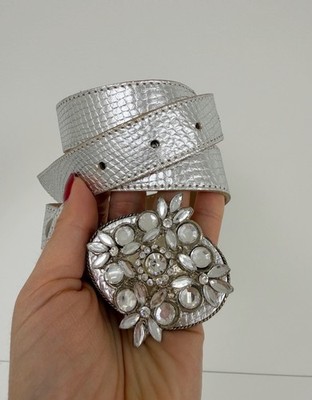 Vintage Cache Genuine Leather BeltMetallic Silver Rhinestone Buckle Sz S