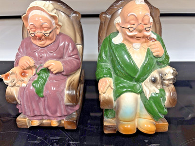 Vintage Grandma And Grandpa Rocking Chairs Retirement Fund Money Piggy Banks EUC